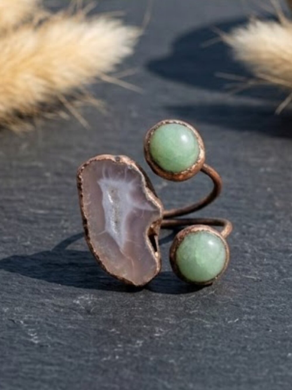 Copper Agate Slice Green Aventurine Statement Ring Boho Cottagecore Adj 8-10